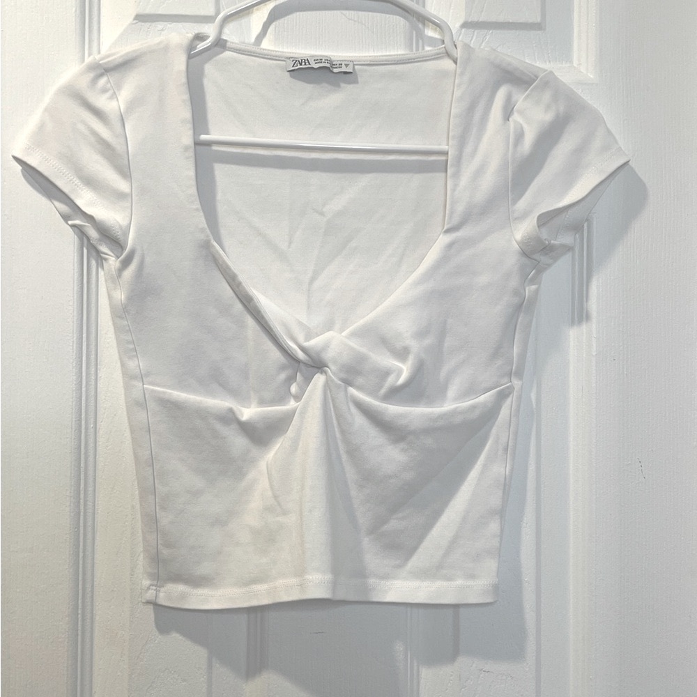 Zara White Twist Front Crop Blouse